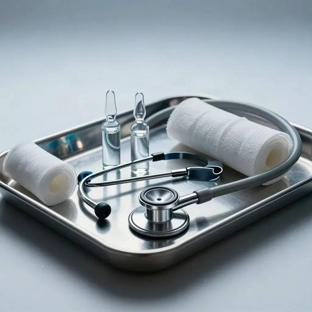 Stethoscope, ampoules, gauze rolls and a surgical tray on brushed steel under dramatic clinic light.