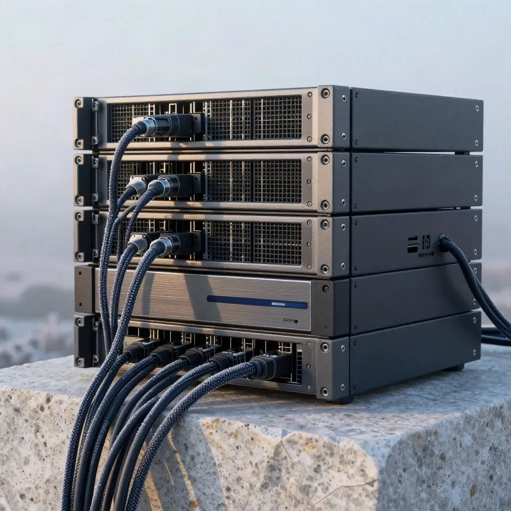 Rackmount server stack with cables, drive sleds and backup cartridges on pale stone.