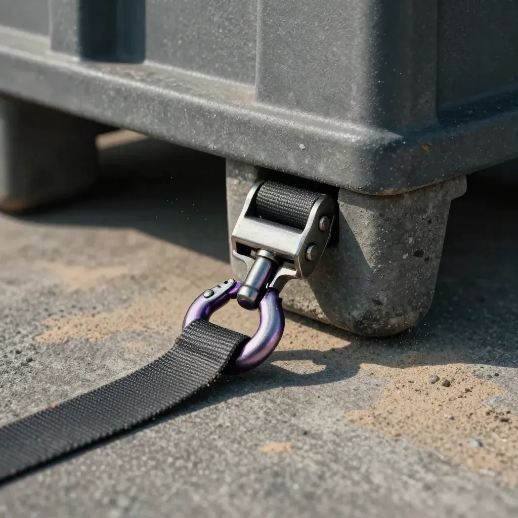 Ratchet strap buckle, cargo hook, and corner guard on rough concrete