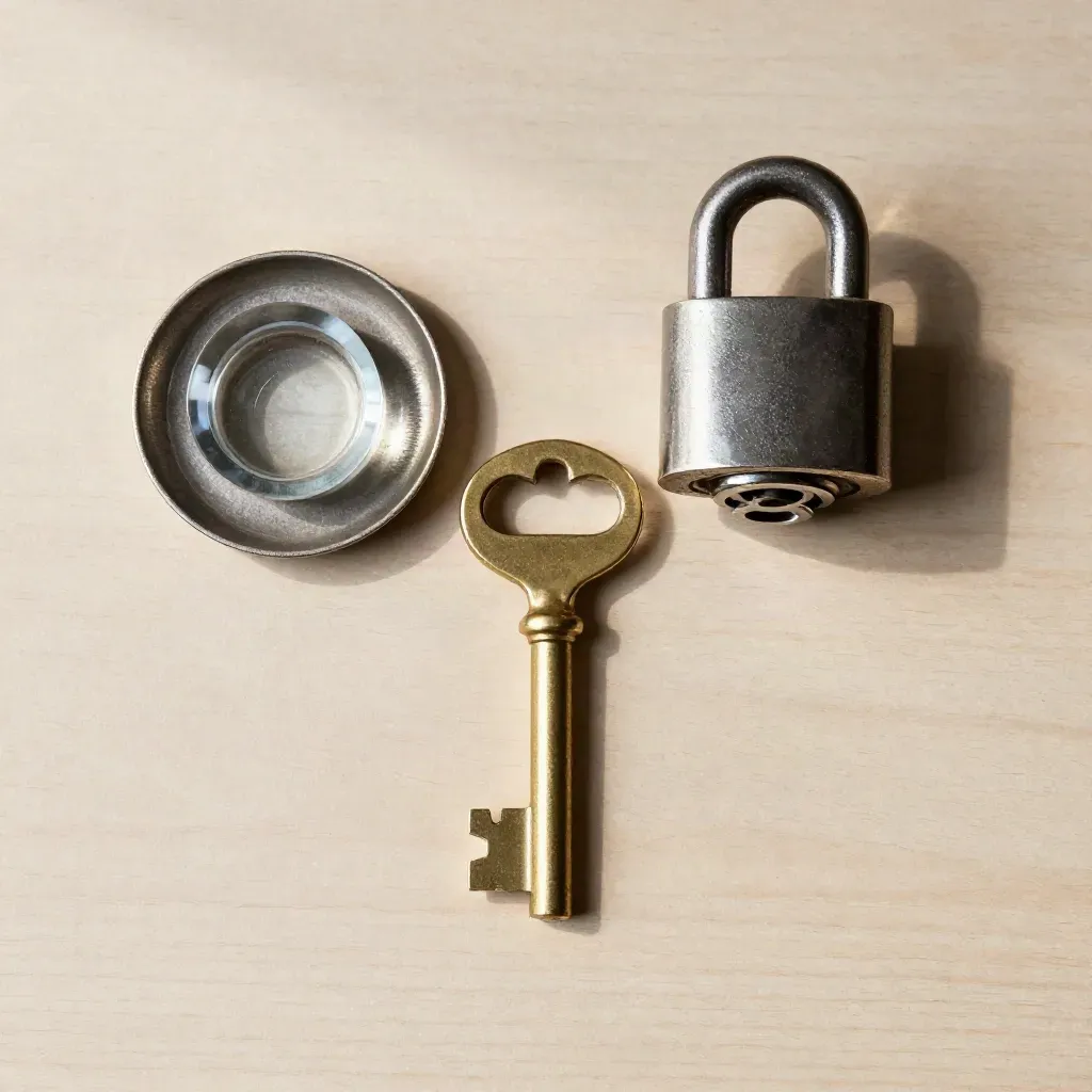 Top-down brass safe-deposit key, lock cylinder, coin tray and paperweight on pale wood.