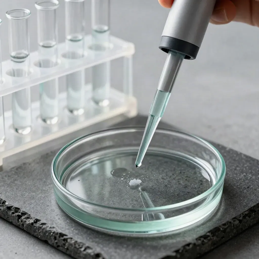 Micropipette over clear tubes and petri dish on matte stone, tight macro.