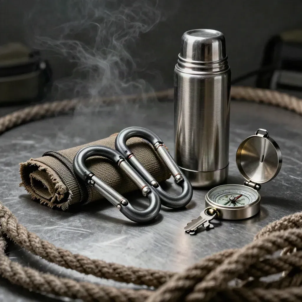 Expedition gear still life with carabiners, thermos, canvas strap and compass on brushed metal.
