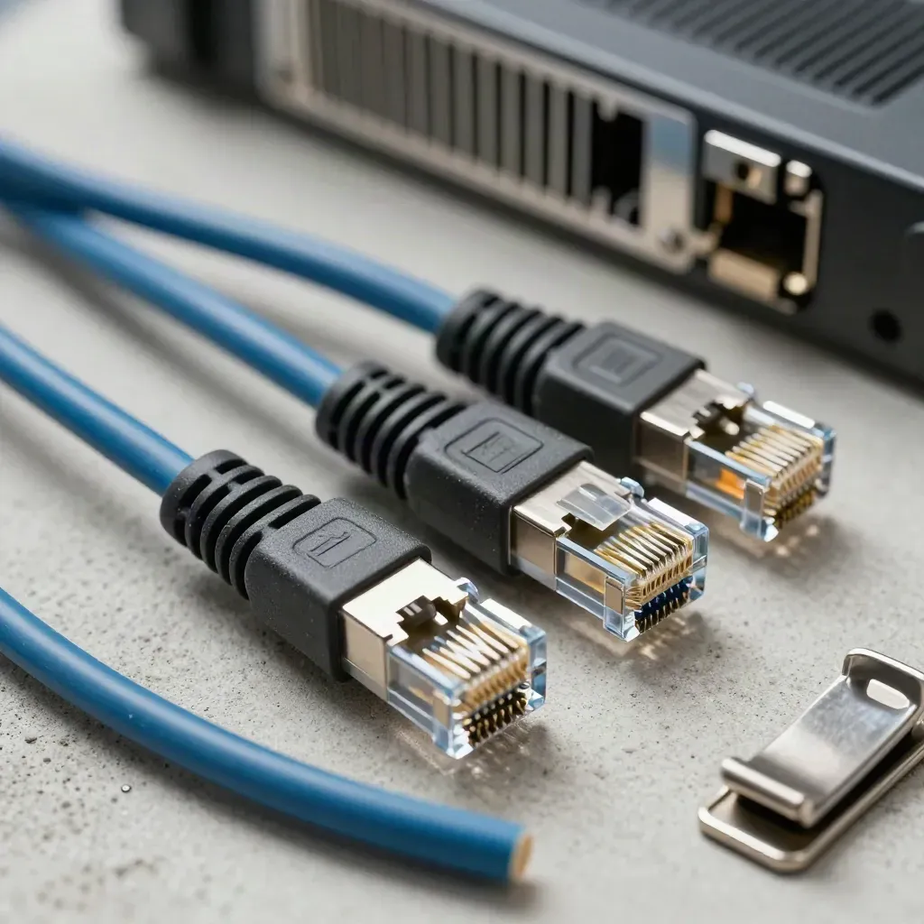 Macro of ethernet plugs, cable comb, and server rail clips on pale concrete, lit from above.