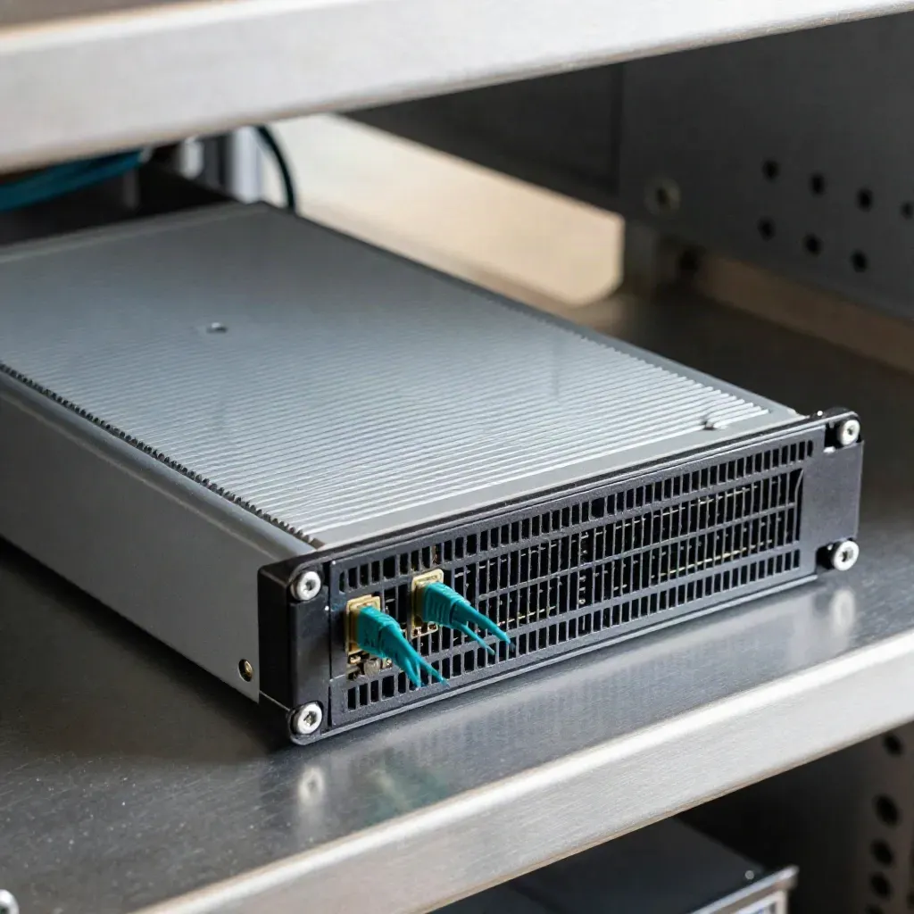Macro server blade halfway seated in a bay with two cable ends and a screw