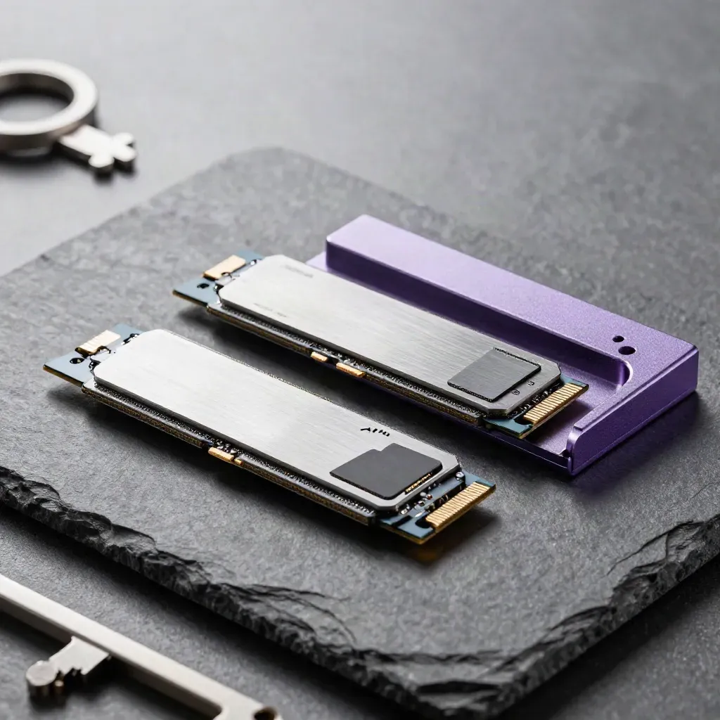 Extreme macro still life of two NVMe SSDs with heatsink block and spacer on graphite stone.