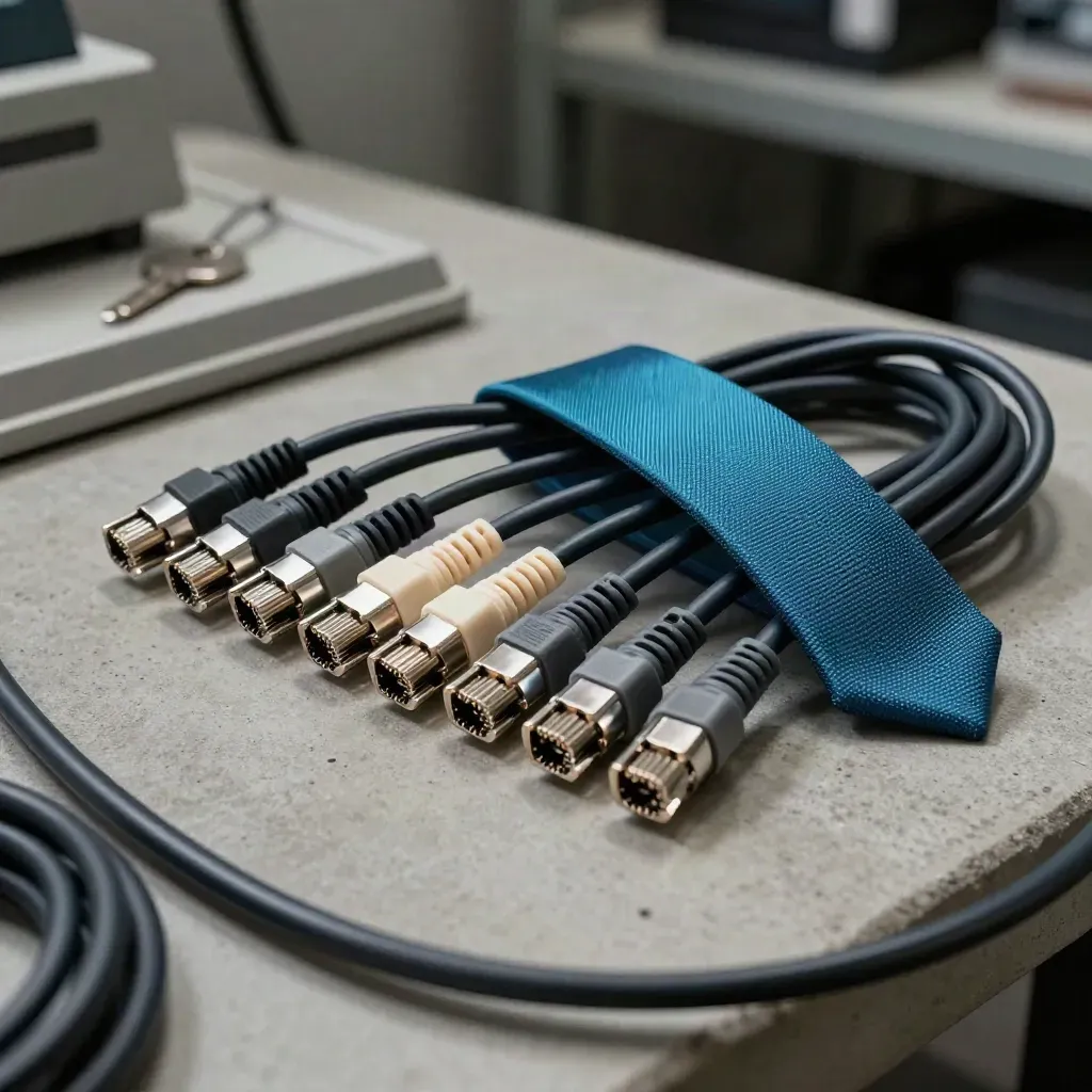 Fiber patch cords and RJ45 couplers staged for site migration on a concrete surface.