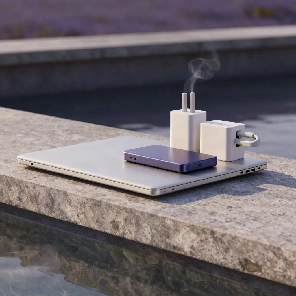 Closed laptop, SSD, charger and adapter on a stone ledge with steam and a glass edge.