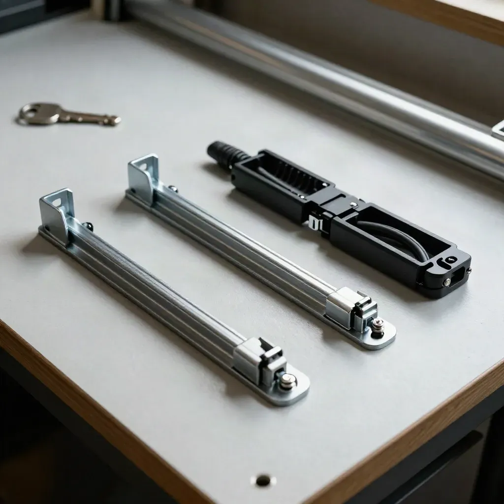 Server rail kit, drive caddy, cable comb, and latch hardware on pale wood with a blurred metal bar
