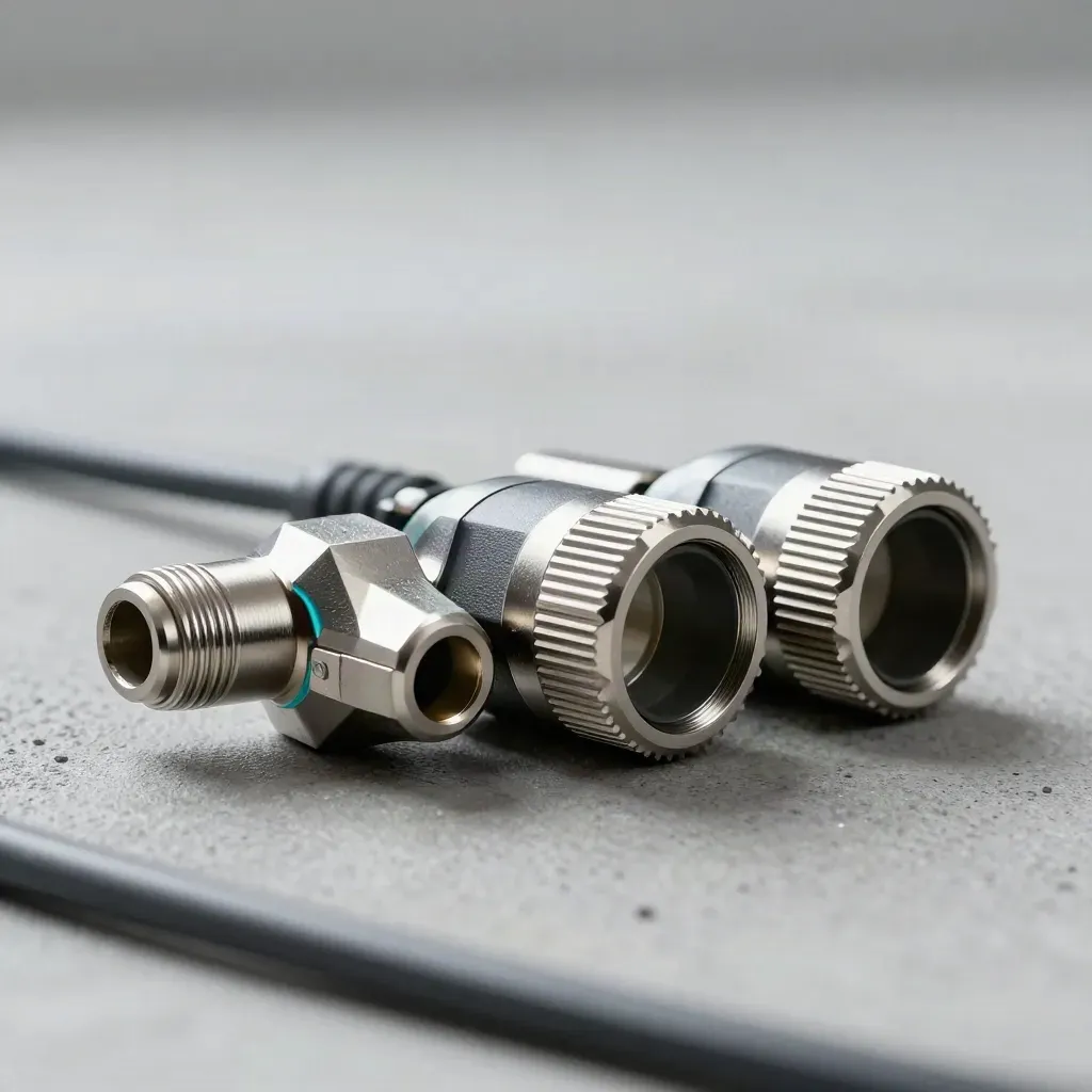 Keystone jack, port inserts, and coupler lined up on concrete in a tight macro