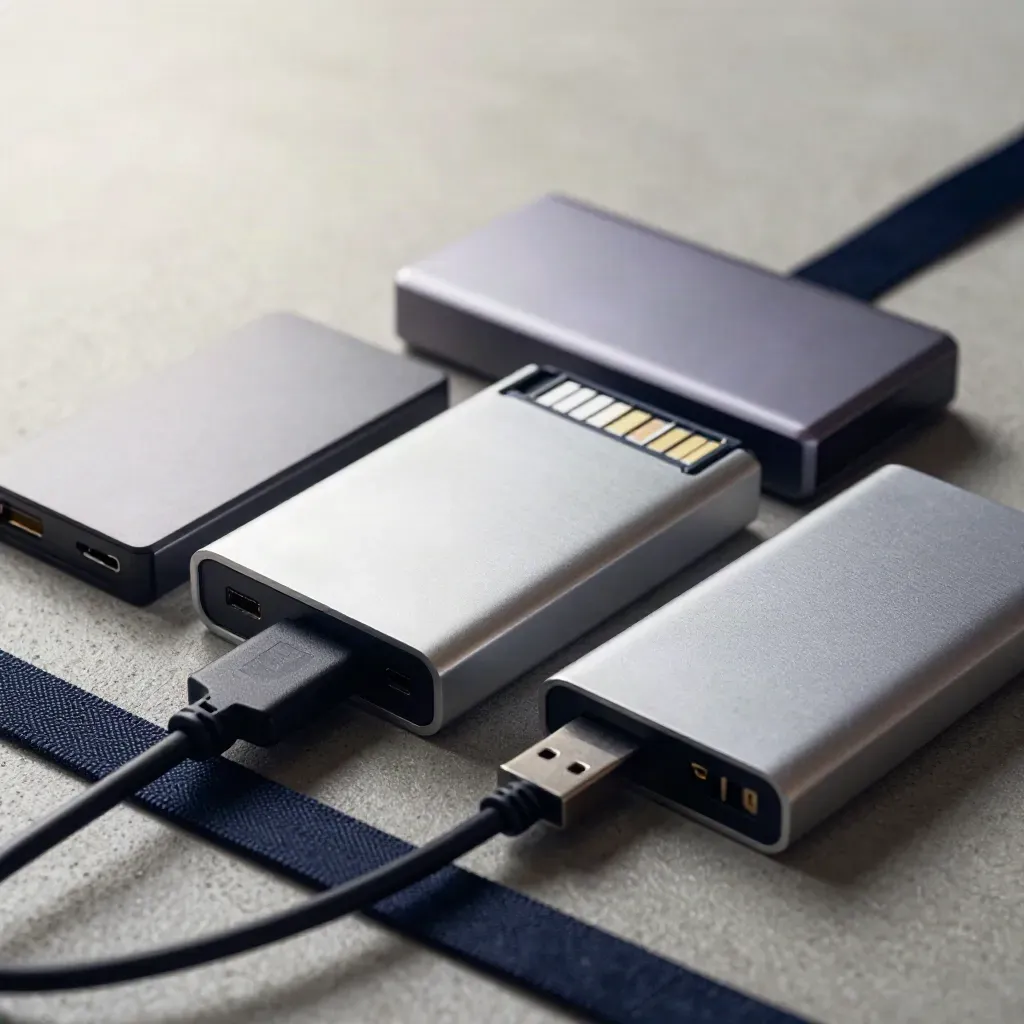 Portable SSDs, blank memory cards and a USB hub on cool concrete