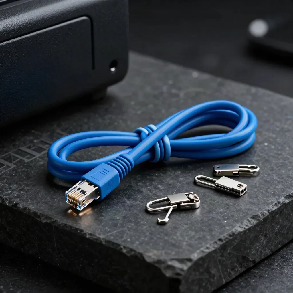 Ethernet cable, RJ45 coupler, and cable clips on dark stone with dramatic studio light.