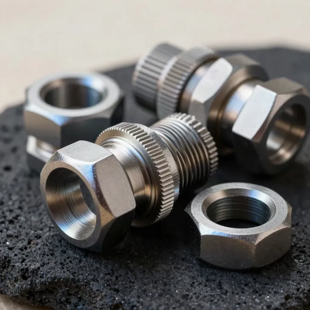 Macro still life of machined couplers, hex spacers and linked rings on dark stone