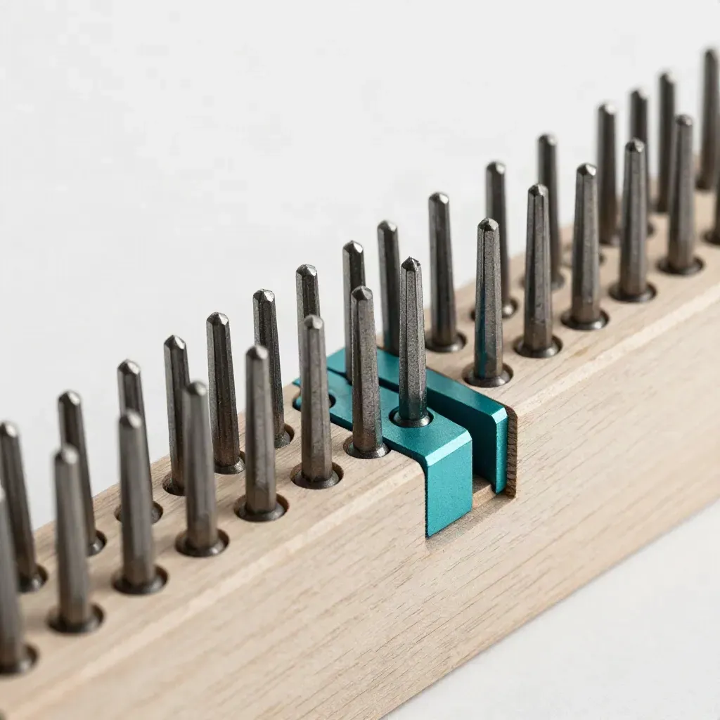 Graphite connector blocks and alignment pins in a neat row on pale wood with a subtle teal accent.