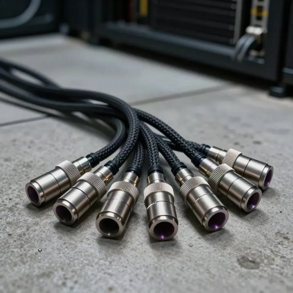 Braided cables, couplings, and a vented metal puck on concrete in a moody network still life.