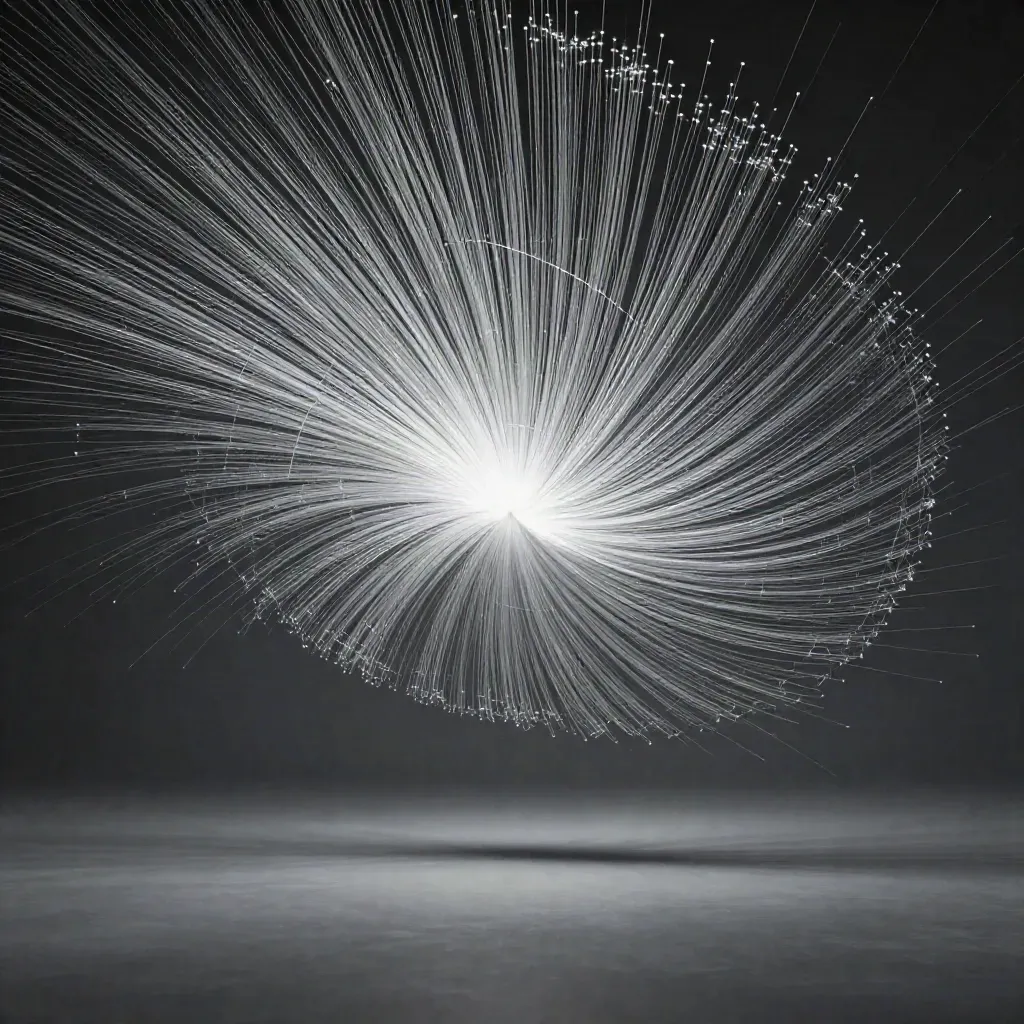 Silver filaments bloom in graphite space with drifting motes and open copy space.